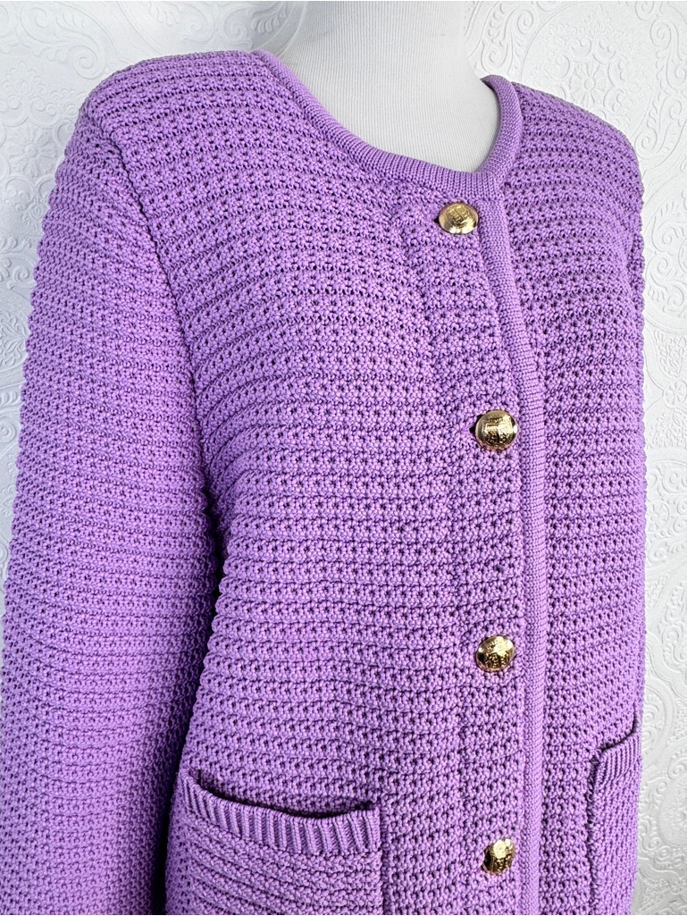 Talbots Sz Xl Cardigan Sweater Jacket Purple Gold Buttons Thick Knit Pockets